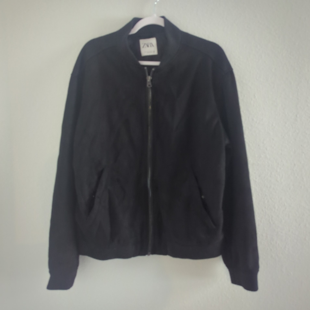 Zara Jacket Bomber Suede Black Pockets Full Zip Zipper Women's Size Large